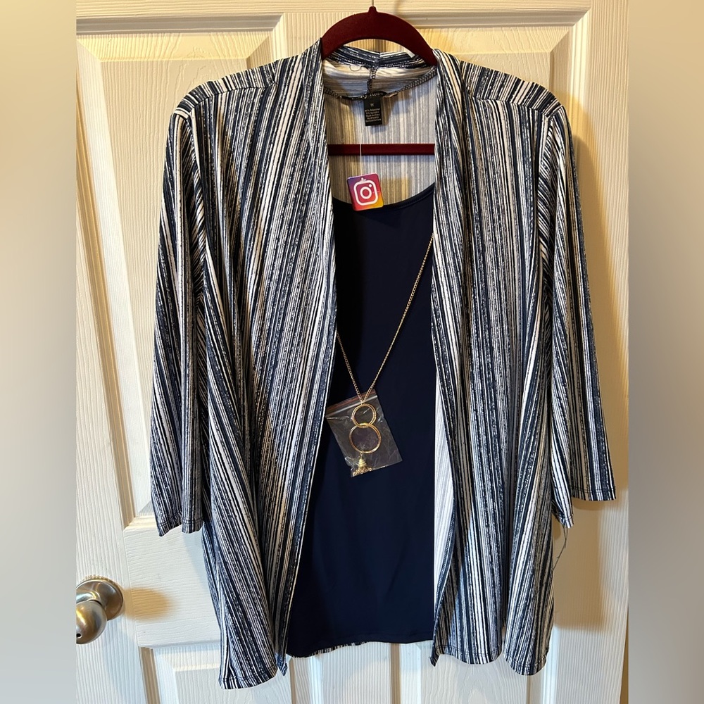 Emily Rose 1X Navy Tank Top w/White & Blue Striped Attached Blouse Overshirt NWT